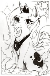 Size: 1325x2026 | Tagged: safe, artist:aerolp, princess luna, g4, black and white, cute, donut, female, filly, grayscale, monochrome, mouth hold, solo, traditional art, weapons-grade cute, woona