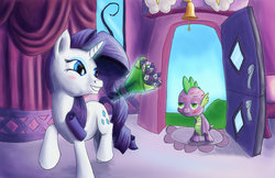 Size: 1024x663 | Tagged: safe, artist:fox-moonglow, rarity, spike, pony, g4, bouquet, duo, female, male, ship:sparity, shipping, straight