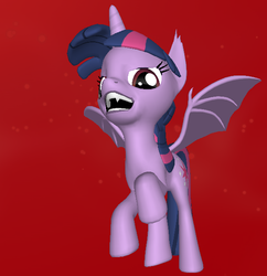 Size: 570x588 | Tagged: safe, twilight sparkle, alicorn, pony, unicorn, vampire, vampony, g4, 3d, 3d pony creator, bat wings, evil, evil smile, fangs, female, flying, hilarious in hindsight, looking at you, mare, red eyes, render, twibat, twilight sparkle (alicorn)