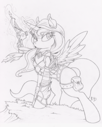 Size: 804x1000 | Tagged: safe, artist:dfectivedvice, princess luna, g4, crossover, demon hunter, diablo (series), female, grayscale, monochrome, solo, traditional art