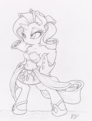 Size: 755x1000 | Tagged: safe, artist:dfectivedvice, rarity, unicorn, anthro, unguligrade anthro, g4, armpits, bandeau, belly button, cleavage, clothes, female, grayscale, midriff, monochrome, skirt, solo, traditional art