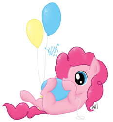 Size: 1243x1342 | Tagged: safe, artist:fribox, pinkie pie, earth pony, pony, g4, balloon, female, filly, nom, on back, signature, simple background, solo, that pony sure does love balloons, white background, younger