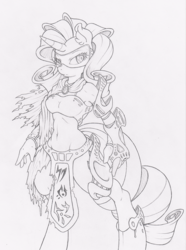 Size: 742x1000 | Tagged: safe, artist:dfectivedvice, rarity, anthro, unguligrade anthro, g4, belly button, female, grayscale, monochrome, solo, traditional art