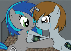 Size: 1446x1038 | Tagged: safe, artist:kashin, oc, oc only, oc:homage, oc:littlepip, pony, unicorn, fallout equestria, crying, cutie mark, fanfic, fanfic art, female, hooves, horn, lesbian, mare, nuzzling, oc x oc, pipbuck, pipleg, ship:pipmage, shipping, smiling