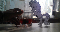 Size: 2592x1375 | Tagged: safe, artist:skalker, rarity, g4, female, glass, paper child, paper pony, photo, solo