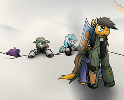 Size: 1209x980 | Tagged: safe, artist:the-furry-railfan, oc, oc only, oc:cross stitch, oc:minty candy, oc:moral fringe, oc:twintails, pegasus, pony, unicorn, fallout equestria, fallout equestria: occupational hazards, balefire bomb, balefire egg launcher, clothes, glasses, gun, heavy weapon, luger, pistol, power armor, rifle, snow, steel ranger, story
