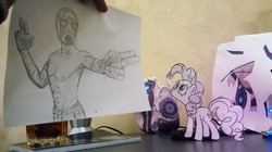 Size: 2592x1451 | Tagged: safe, artist:skalker, pinkie pie, earth pony, human, pony, g4, borderlands, duo, female, male, mare, paper pony