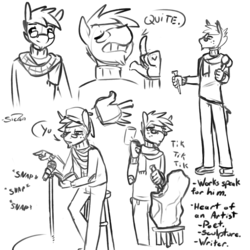 Size: 1100x1100 | Tagged: safe, artist:siden, big macintosh, oc, oc:mulled cider, earth pony, anthro, ultimare universe, g4, alternate universe, beatnik, goatee, male, monochrome, sculpture, sketch