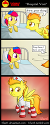 Size: 2000x5000 | Tagged: safe, artist:10art1, spitfire, oc, oc:jayham, pegasus, pony, g4, bed, canon x oc, clothes, floppy ears, frown, hospital, nurse, open mouth, raised hoof, smiling, socks, spread wings, stethoscope, striped socks