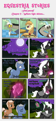 Size: 1853x3954 | Tagged: safe, artist:estories, discord, oc, oc:alice goldenfeather, oc:möbius, draconequus, pegasus, pony, unicorn, comic:find yourself, g4, comic, crystal, full moon, glowing, glowing horn, horn, magic, moon, telekinesis