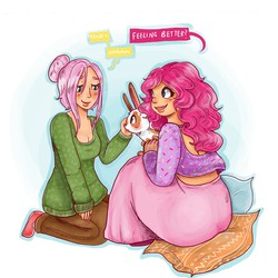 Size: 2000x2000 | Tagged: safe, artist:superlucky13, fluttershy, pinkie pie, human, rabbit, g4, clothes, high res, humanized, sweater, sweatershy