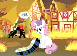 Size: 1800x1300 | Tagged: safe, artist:edowaado, lily, lily valley, sweetie belle, pony, unicorn, g4, clothes, dress, dumb fabric, female, filly, fire, foal, horn, meme, pyro belle, the horror, white and gold or black and blue dress meme