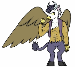 Size: 814x728 | Tagged: safe, artist:unoriginai, oc, oc only, oc:grit, griffon, hybrid, minotaur, adoptable, adopted, clothes, crack shipping, offspring, parent:gilda, parent:iron will, parents:gildawill, simple background, vest, white background