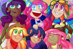 Size: 1748x1181 | Tagged: safe, artist:dianers626, applejack, fluttershy, pinkie pie, rainbow dash, rarity, twilight sparkle, human, g4, clothes, dark skin, diversity, humanized, light skin, mane six