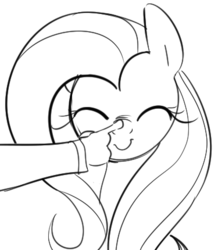Size: 375x430 | Tagged: safe, artist:dotkwa, fluttershy, human, g4, boop, c:, cute, disembodied hand, eyes closed, grayscale, hand, monochrome, smiling