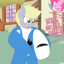 Size: 1000x1000 | Tagged: safe, artist:lamia, derpy hooves, pinkie pie, earth pony, pegasus, pony, shark, g4, american football, cheerleader, cheerleader pinkie, clothes, costume, derp, derpy sharkooves, eyes closed, female, katy perry, left shark, mare, open mouth, shark costume, super bowl, super bowl xlix, this explains everything
