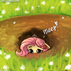 Size: 500x500 | Tagged: safe, artist:lumineko, fluttershy, diglett, g4, 30 minute art challenge, crossover, cute, female, floppy ears, groundhog day, hiding, looking at you, lumineko is trying to murder us, meep, pokémon, shy, shyabetes, solo, soon