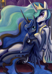 Size: 2507x3541 | Tagged: safe, artist:caindra, princess celestia, princess luna, semi-anthro, g4, armpits, high res, looking at you, painting, sitting