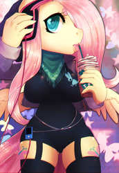 Size: 738x1071 | Tagged: safe, artist:caindra, fluttershy, anthro, g4, big breasts, breasts, busty fluttershy, drink, female, frappuccino, headphones, looking at you, mp3 player, solo