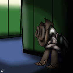 Size: 1000x1000 | Tagged: safe, artist:mushroomcookiebear, applejack, equestria girls, g4, crying, depressed, depression, feels, female, hidden eyes, lonely, sad, sitting, solo, unhapplejack