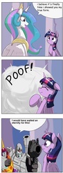 Size: 1703x4689 | Tagged: safe, artist:otakuap edit, princess celestia, twilight sparkle, alicorn, pony, g4, celestia's true form, character to character, comic, dialogue, exploitable meme, female, hot rod, mare, megatron, meme, poof, speech bubble, transformation, transformers, twilight sparkle (alicorn)