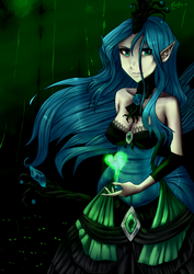 Size: 2893x4092 | Tagged: safe, artist:caindra, queen chrysalis, changeling, changeling queen, human, g4, cleavage, clothes, collar, dress, elf ears, female, glowing eyes, humanized, looking at you, magic, solo, staff