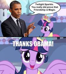 Size: 500x558 | Tagged: safe, twilight sparkle, human, g4, barack obama, comic, irl, irl human, photo, president, speech bubble, thanks obama, twilight sparkle (alicorn)