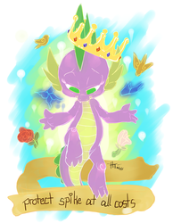 Size: 1350x1740 | Tagged: safe, artist:hellticket, spike, bird, butterfly, g4, banner, crown, male, no pupils, rose, solo, spikelove