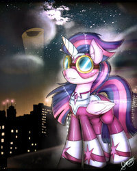 Size: 1200x1500 | Tagged: safe, artist:gamermac, twilight sparkle, alicorn, pony, g4, power ponies (episode), city, female, goggles, mare, masked matter-horn costume, power ponies, twilight sparkle (alicorn)