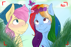 Size: 900x600 | Tagged: safe, artist:mrscurlystyles, fluttershy, rainbow dash, butterfly, g4, alternate hairstyle, butterscotch, female, flower in hair, male, rule 63, ship:butterdash, shipping, straight