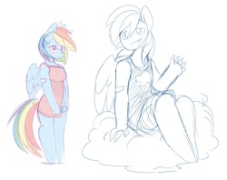 Size: 1280x1014 | Tagged: safe, artist:ende26, rainbow dash, anthro, unguligrade anthro, g4, clothes, cloud, dress, female, sketch, solo