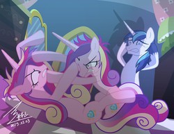 Size: 1200x926 | Tagged: safe, artist:bluse, princess cadance, queen chrysalis, shining armor, alicorn, changeling, pony, g4, angry, bipedal, catfight, disguise, disguised changeling, fake cadance, female, fight, gritted teeth, male, show accurate, spot the imposter, straight, sweat, sweatdrop, there can be only one, wingless