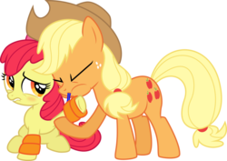 Size: 1024x725 | Tagged: safe, artist:masem, apple bloom, applejack, g4, adorabloom, blowing, blushing, cute, embarrassed, floaty, inflatable, jackabetes, puffy cheeks, simple background, sisters, transparent background, vector, water wings