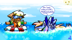 Size: 920x512 | Tagged: safe, artist:mushroomcookiebear, applejack, rainbow dash, g4, dialogue, floaty, goggles, hatless, inflatable, inner tube, lifejacket, missing accessory, ocean, scared, sun, sweat, swimming, water wings