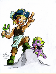 Size: 900x1200 | Tagged: safe, artist:irie-mangastudios, spike, g4, baby dragon, baby spike, crossover, markers, one piece, pirate, traditional art, usopp, youth