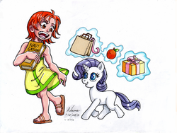 Size: 1200x900 | Tagged: safe, artist:irie-mangastudios, rarity, g4, blank flank, book, clothes, crossover, dress, filly, filly rarity, markers, nami, one piece, traditional art, youth