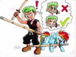 Size: 1200x900 | Tagged: safe, artist:irie-mangastudios, rainbow dash, g4, crossover, dashface, filly rainbow dash, markers, one piece, roronoa zoro, shinai, thought bubble, traditional art, youth