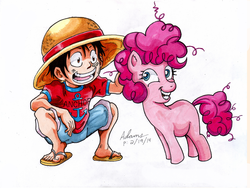 Size: 1200x900 | Tagged: safe, artist:irie-mangastudios, pinkie pie, g4, crossover, filly, filly pinkie pie, markers, monkey d. luffy, one piece, smiling, traditional art, youth