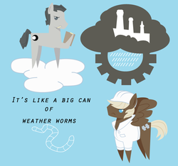 Size: 840x786 | Tagged: safe, artist:dbkit, dumbbell, oc, earth pony, pegasus, pony, g4, bbbff, cloud, cover art, duo, earth pony oc, fimfiction, on a cloud, pointy ponies, weather factory, weather factory uniform