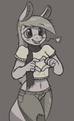 Size: 553x900 | Tagged: safe, artist:caroo, oc, oc only, hinny, anthro, belly button, clothes, cute, heart, midriff, monochrome, pants, scarf, shirt, solo
