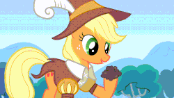 Size: 1280x720 | Tagged: safe, screencap, applejack, smart cookie, earth pony, pony, g4, hearth's warming eve (episode), season 2, animated, blinking, clothes, costume, earth pony magic, female, frown, growth, hoof hold, meta, smiling, solo, sprout, talking, wide eyes