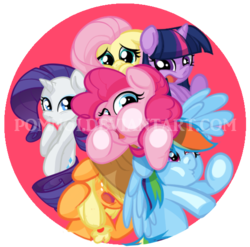 Size: 566x560 | Tagged: safe, artist:pomnoi, applejack, fluttershy, pinkie pie, rainbow dash, rarity, twilight sparkle, pony, g4, cute, mane six, squished