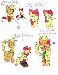Size: 1148x1485 | Tagged: safe, artist:redanon, apple bloom, applejack, earth pony, pony, g4, accent, apple, apple bloom is not amused, apple bloom's bow, apron, blushing, bow, clothes, comic, cute, daaaaaaaaaaaw, deep mothering, dialogue, embarrassed, eyes closed, feels, female, filly, food, freudian slip, hair bow, hatless, hug, lunch, lunch bag, mare, missing accessory, mommajack, mother, raised hoof, smiling, tears of joy, unamused, y'all