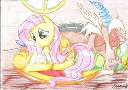 Size: 7016x4961 | Tagged: safe, artist:piterq12, angel bunny, discord, fluttershy, g4, absurd resolution, traditional art