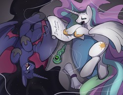 Size: 1280x989 | Tagged: safe, artist:noben, princess celestia, princess luna, g4, colored, drug use, drugs, friendship report, letter, marijuana