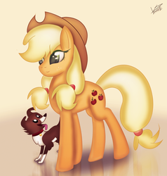 Size: 1236x1300 | Tagged: safe, artist:vipeydashie, applejack, winona, g4, simple background, yellow background