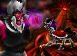 Size: 2600x1896 | Tagged: safe, artist:pinkrose2001, king sombra, lord tirek, g4, fight, lava, volcano