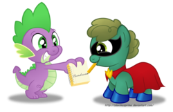 Size: 1280x831 | Tagged: safe, artist:aleximusprime, humdrum, spike, dragon, earth pony, pony, g4, autograph, colt, humdrum costume, male, power ponies, simple background, transparent background, vector