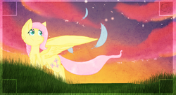 Size: 1213x662 | Tagged: safe, artist:flow3r-child, fluttershy, g4, feather, female, solo, sunset