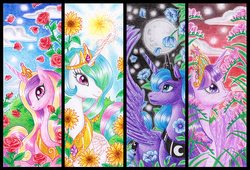 Size: 1043x709 | Tagged: safe, artist:neko-ichigo, princess cadance, princess celestia, princess luna, twilight sparkle, alicorn, pony, g4, alicorn tetrarchy, female, flower, mare, s1 luna, traditional art, twilight sparkle (alicorn)